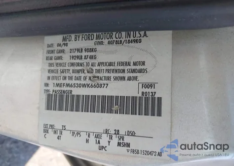 1998 Mercury Mystique from USA, damaged, VIN 1MEFM6530WK660877